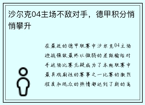 沙尔克04主场不敌对手，德甲积分悄悄攀升