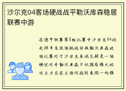 沙尔克04客场硬战战平勒沃库森稳居联赛中游
